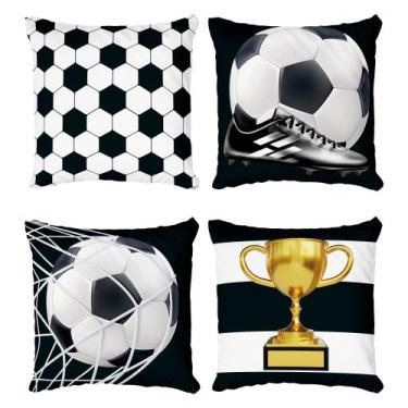 Imagem de Kit 4 Almofadas Decorativa COM ENCHIMENTO Futebol Bola e Rede Preto e 