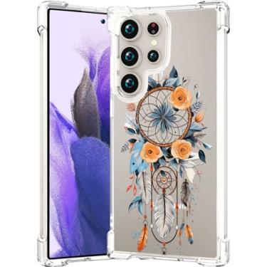 Imagem de CCFUNCASE Linda capa transparente para S24 Ultra para mulheres - capa de telefone resistente para compatível com Samsung Galaxy S24 Ultra (apanhador de sonhos azul apanhador de sonhos penas flores