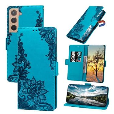 Imagem de Dinglijia Capa projetada para Samsung Galaxy S22, alça de pulso flip suporte carteira de couro PU porta-cartões de dinheiro Capa feminina com estampa de renda à prova de choque para S22 LS azul claro