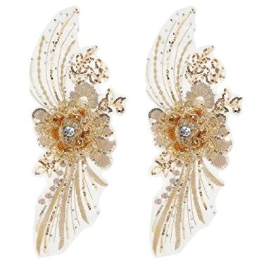Imagem de NBEADS 2 peças de bordado de renda de flor 3D, apliques de renda bordados florais com lantejoulas e contas de tule aplique de costura para roupas, vestido de noiva, tecido de renda, decoração DIY, dourado