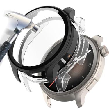 Imagem de Accdeny [Pacote com 2 capas com protetor de tela de vidro temperado compatível com Amazfit Balance, dureza 9H, 360°, capa protetora ultrafina de policarbonato preta transparente