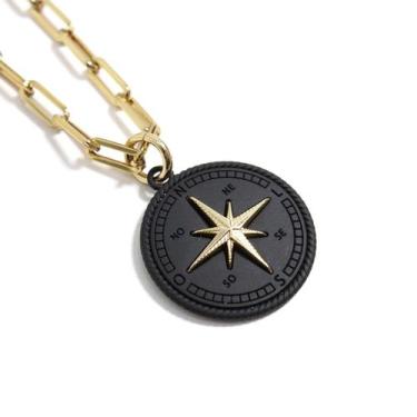 Imagem de Colar Banhado a Ouro Pingente Preto Bússola Semijoia - GRANADO ACESSÓR