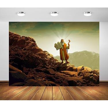 Imagem de BELECO Pano de fundo de Moisés de 1,5 x 0,9 m de tecido, Moisés Segurando Dez Mandamentos, Tabletes no Monte Sinai, Cena Bíblica, Judaísmo, Igreja Cristã Católica, Pano de Fundo para Fotos de Crença