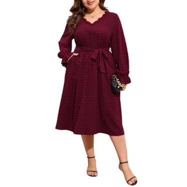 Imagem de ShopWonder Vestido feminino plus size com decote em V, manga comprida, ponto suíço, boho, cintura império, babados, rodado, evasê, midi, Vermelho, 5G