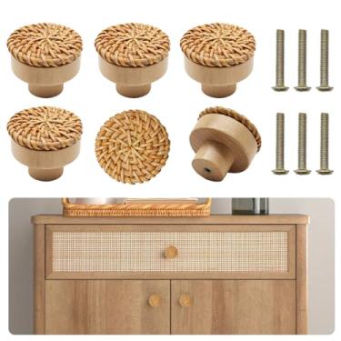 Imagem de Wulitaotao Pacote com 6 puxadores de armário de vime boho puxadores de madeira para gavetas de cômoda de madeira redonda natural puxadores de gaveta de vime feitos à mão com 6 parafusos para móveis de