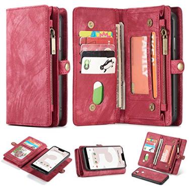 Imagem de Carteira de couro Google Pixel 3 GG com zíper e compartimentos removíveis para cartão, capa flip com alça magnética para o pulso e capa à prova de choque, bolso para carteira, bolsa para Google Pixel 3 GG, Pixel 3A, Vermelho