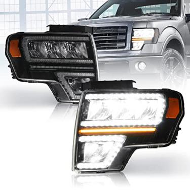 Imagem de Conjunto de farol adequado para Ford F150 2009 2010 2011 2012 2013 2014, par de faróis de LED de substituição do lado do passageiro e do motorista, lente transparente