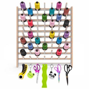 Imagem de Porta Fio de Madeira 70 Cones Para Bordadeira e Overlock Com Organizad