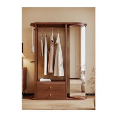 Imagem de LICONG-2020 Espelho de corpo inteiro, cabide de madeira maciça, suporte de armazenamento de roupas, giratório com espelho de vestir, suporte de roupas integrado, rack de armazenamento para quarto com