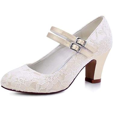Imagem de ElegantPark Sapatos de casamento para noivas bico fechado sapatos de noiva salto bloco sapatos de noiva Mary Jane renda sapatos de casamento, Champange, 10