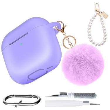 Imagem de Capa para AirPods 4ª geração – Kit 5 em 1 bola fofa, pingente de pérola, caneta limpadora, chaveiro, capa protetora de silicone macio para AirPods 4, capa para mulheres e meninas, presente - roxo