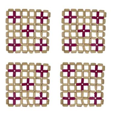 Imagem de Descanso de Panela de Bambu Apoio 4 Peças Vermelho - RT