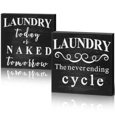 Imagem de Yulejo 2 peças de lavanderia, caixa divertida, placa de fala, decoração de lavanderia, bloco de madeira, decoração de lavanderia, o ciclo nunca termina, roupa divertida, acessórios de lavanderia, 15 x