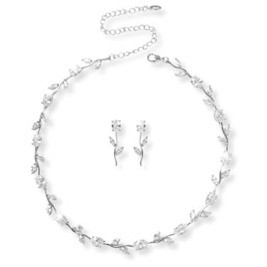 Imagem de Nikita By Niki NIKTA Brincos de strass de flor rosa - conjunto de brincos de prata, ouro rosa ou ouro para mulheres (conjunto de gargantilhas), 12.2inch + 5inch Extendable Chain, Latão banhado a 18 k