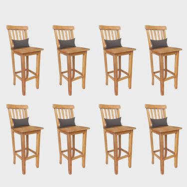 Imagem de Kit 08 Banqueta Alta Com Encosto Wood Madeira Maciça Peroba Rosa Com Almofada Suede Marrom - Ahz Móveis