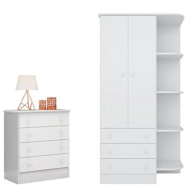 Imagem de Cômoda e Guarda Roupa Infantil com Cantoneira Doce Sonho Branco - Qmovi