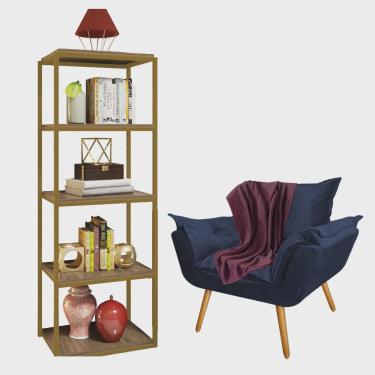 Imagem de Kit Poltrona Fatte com Manta Soft Bordô e Estante Livreiro Ferro Dourado mdf Rústico Su...