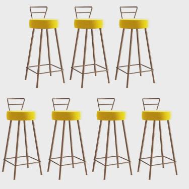 Imagem de Kit 07 Banqueta Alta Com Encosto Tina Eiffel Cozinha Bar Bistrô Ferro Bronze Sintético Amarelo - Ahz Móveis