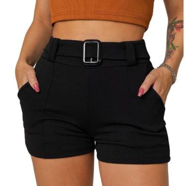 Imagem de Shorts Feminino Cinto Fivela Bermuda Malha Crepe Bolso Social Cintura 