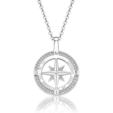 Imagem de Colar feminino de bússola para mulheres, prata esterlina 925 com ouro branco 18 k/banhado a ouro, bússola redonda de zircônia cúbica de 1,0 mm JJewelry para esposa Dia dos Namorados Presentes de aniversário para namorada Ideias de Natal presente, Prata esterlina, Zircônia cúbica