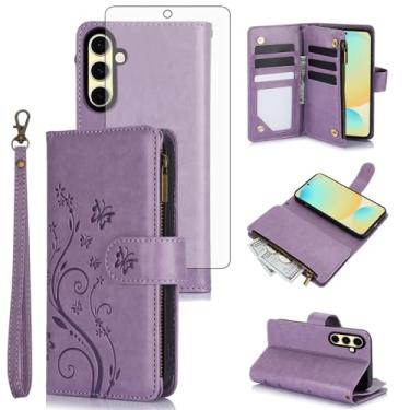 Imagem de Asuwish Capa de celular para Samsung Galaxy S24 FE 5G carteira celular com protetor de tela de vidro temperado alça de pulso flor flip zíper porta-cartão slot suporte S 24 EF AI S24FE 24S mulheres