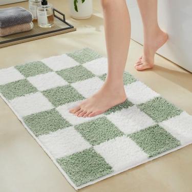 Imagem de Ohocut Tapetes de banheiro xadrez de microfibra de luxo, verde sálvia e branco, tapetes de banho retrô fofos estéticos para banheiro, banheira, pia, chuveiro, antiderrapante, absorvente, lavável, 81 x