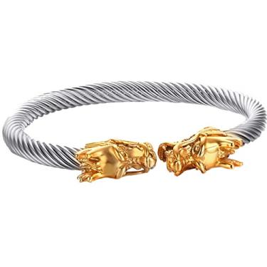 Imagem de OAKKY Pulseira masculina de aço inoxidável 10 mm aberta vintage punk dominador cabeça de dragão duplo, 10mm, Aço inoxidável