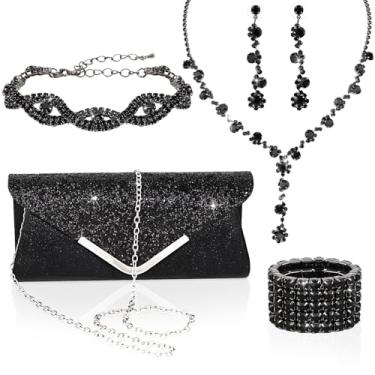 Imagem de ACO-UINT Conjunto de joias de strass com 5 peças de bolsa clutch para mulheres, colar de formatura, brincos, pulseira, anel com glitter, joias formais para mulheres para uso noturno, Metal, Strass