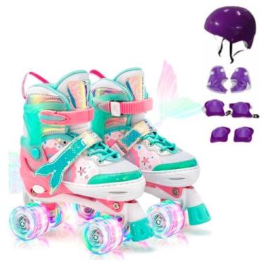 Imagem de Patins De 4 Rodas Menina Com Luz De Led Roxo Sereia Com Proteção - chi