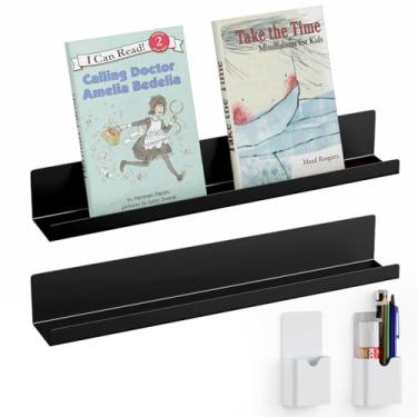 Imagem de Prateleira magnética para quadro branco, pacote com 2, prateleiras magnéticas para sala de aula com 2 recipientes de caneta magnética, prateleira de exibição de livros flutuante de metal para quarto