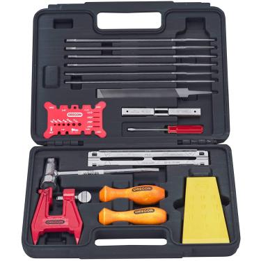 Imagem de Oregon Kit de afiação de corrente de motosserra com estojo rígido - contém limas, alças, medidor de profundidade, torno de toco, cunha de corte e mais acessórios