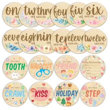 Imagem de Glodecart 10 peças marco mensal do bebê para adereços fotográficos, cartões de foto de marco mensal de madeira dupla face para anúncio de bebê presente de chá de recém-nascido festa, discos de sinais