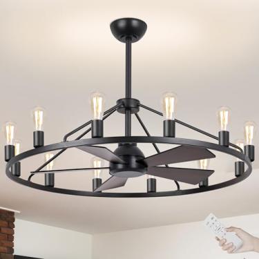 Imagem de OSGNER Ventilador De Teto De 44'' Com Lustre De Roda De Carroça, Luminária Grande De Fazenda Com Cúpula De Vidro, Lustre Para Sala De Jantar E Sala De Estar, Tetos Altos Ajustáveis, Madeira, Preto