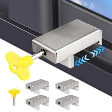 Imagem de Fechaduras de janela para janelas deslizantes horizontais (4 conjuntos) trava de janela deslizante à prova de crianças de 1,66 a 1,65 polegadas de largura ajustável de aço inoxidável com chaves