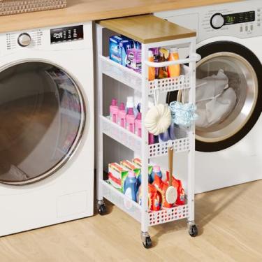 Imagem de Osivaex Carrinho de armazenamento fino, cestas de frutas e vegetais de 4 camadas para cozinha, espaço pequeno, carrinho de rodinhas estreito sobre rodas com topo de madeira e alça de metal para