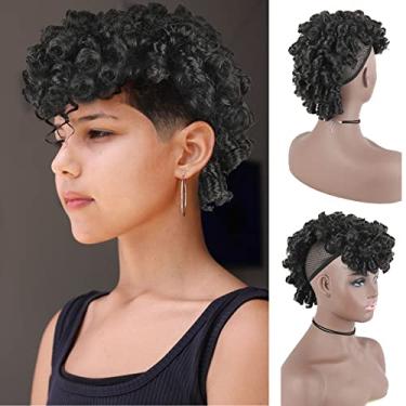 Imagem de CINHOO Perucas De Cabelo Moicano Preto Natural Cacheado E Ondulado Para Mulheres, Metade Cima, Baixo, Peça Falsa, Afro Bufante Com Franja, Extensões Clipe (2#)