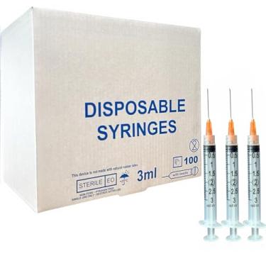 Imagem de Generic Seringas Descartáveis De Laboratório, 3 Ml, Agulha 25G 1 Polegada, Trava Luer, Pacote Com 100, Lacradas Individualmente, Calibre 25, Transparentes