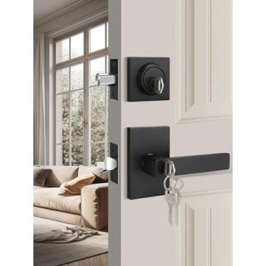 Imagem de EHOMEWARE Conjunto de 1 conjunto de fechadura e maçaneta de porta, interior de maçanetas pretas, maçaneta de porta de entrada com fechadura única, conjunto de fechadura de porta com chave, conjunto de