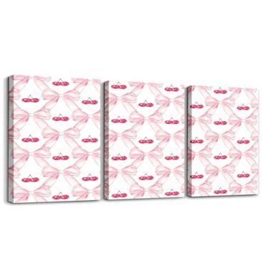 Imagem de Erosebridal Arte de parede em tela com laço de fita fofa, pinturas kawaii rosa de cereja 30,5 x 40,6 cm, conjunto de arte de parede com laço em aquarela com 3 pinturas abstratas em tela para decoração