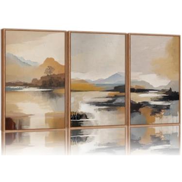 Imagem de Tinonedraw Arte de parede em tela emoldurada com paisagem de montanha bege, decoração de parede abstrata Golden Hour Lake, arte marrom e amarela, impressão de arte de cenário de natureza moderna para
