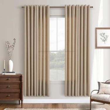 Imagem de Cortinas Tawny Tan 72 polegadas de comprimento para sala de estar, conjunto de 2 painéis, ilhós, redução de luz, semitransparente, linho, cortinas grossas, para quarto, campo, fazenda, cáqui, marrom