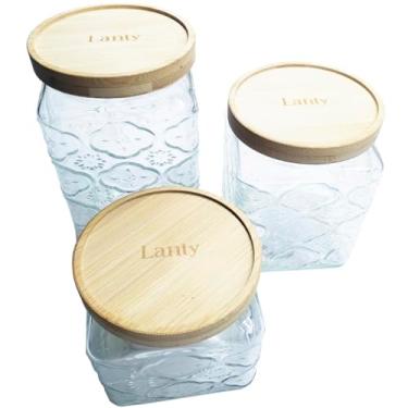 Imagem de Jogo com 3 Potes Porta Alimentos e Mantimentos em Vidro com Relevo e Tampa de Bambu Hermética 620ml 850ml e 1100ml