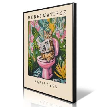 Imagem de XMJJQQ Arte de parede em tela de gato, gato malhado no banheiro, lendo jornal, pôster de banheiro, impressão inspirada em dopamina rosa Henri Matisse, imagem de banheiro botânico tropical verde 20 x