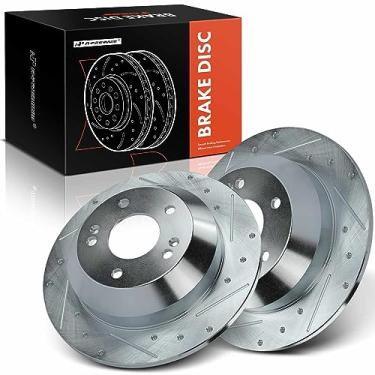 Imagem de A-Premium Conjunto de rotores de freio a disco traseiro perfurado e ranhurado de 11,89 polegadas (302 mm) compatível com modelos selecionados Hyundai e Kia - Santa Fe 10-18, Santa Fe XL 14-19, Sorento