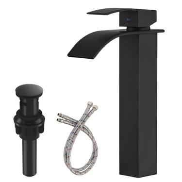 Imagem de RUITHOE Torneira de pia de vaso cachoeira torneira de banheiro preto fosco aço inoxidável alta alça única um furo montagem no convés tigela torneira pia pia torneira com tampa de drenagem pop-up