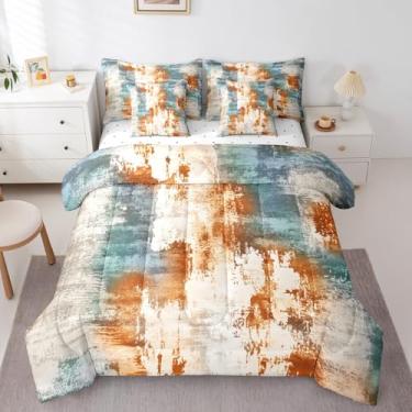 Imagem de Conjunto de cama king abstrato moderno em uma bolsa, 7 peças, arte ombré, vintage, conjunto de lençol minimalista, azul-petróleo e laranja, pintura a óleo, decoração rústica de grafite