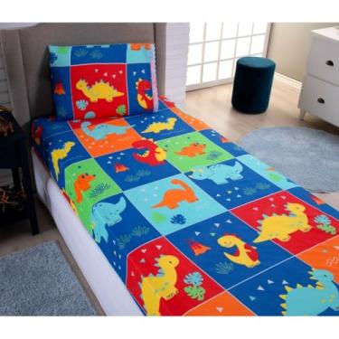 Imagem de Kit Jogo De Lençol Solteiro Com Elástico 2 Peças(Dino Colorido)
