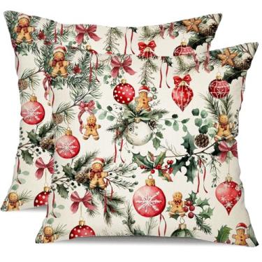 Imagem de DFXSZ Capas de travesseiro de Natal 45,7 x 45,7 cm, conjunto de 2 ramos de pinheiro com pinhas, bolas de Natal, almofadas decorativas brancas, decoração de inverno e Natal para sofá de casa ST025A18