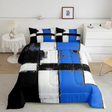 Imagem de jejeloiu Jogo de cama Queen com arte abstrata moderna, azul, preto e branco, para decoração de quarto de crianças, meninos, meninas, adolescentes, geométrico, abstrato
