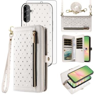 Imagem de Capa de telefone para Samsung Galaxy A56 5G carteira com zíper destacável capa de celular magnética com protetor de tela alça transversal alça brilhante glitter flip porta-cartão de crédito slots A 56